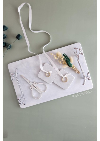 6 Parçalı Set - Akasya Gerçek Ince Mermer Söz/nişan Tepsi Seti - Gümüş Kulp