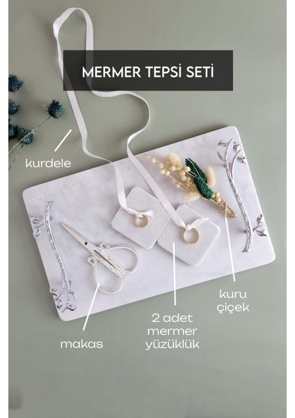 6 Parçalı Set - Akasya Gerçek Ince Mermer Söz/nişan Tepsi Seti - Gümüş Kulp fırsatları