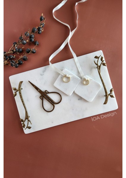 Akasya - Gerçek Ince Mermer Söz/nişan Tepsisi (32X20 Cm) Makas 2 Adet Çıkarılabilir Yüzüklük