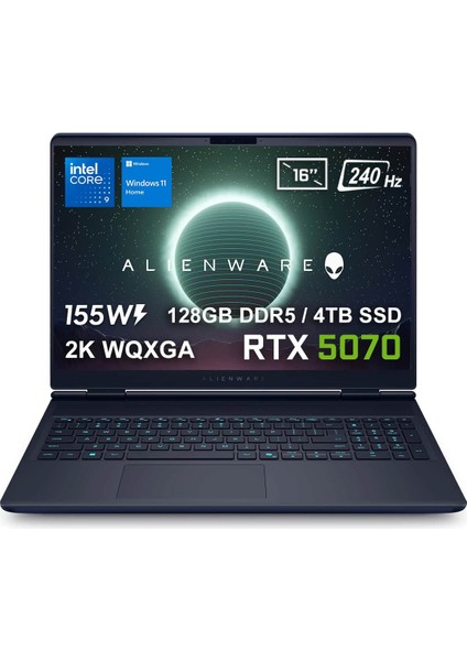 Alienware 16X Aurora Intel Core Ultra 9-275HX 128GB DDR5 4TB SSD RTX5070 8GB 155W 16 inç 2K WQXGA 240Hz 3ms WVA windows 11 Home Taşınabilir bilgisayar (AC16251-CU932157Wv5)