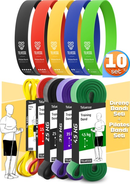 10LU Tera Set 5+15+25+35+45 kg + 5li Pilates Direnç Bandı Barfiks Lastiği Loop Band Mix Ton