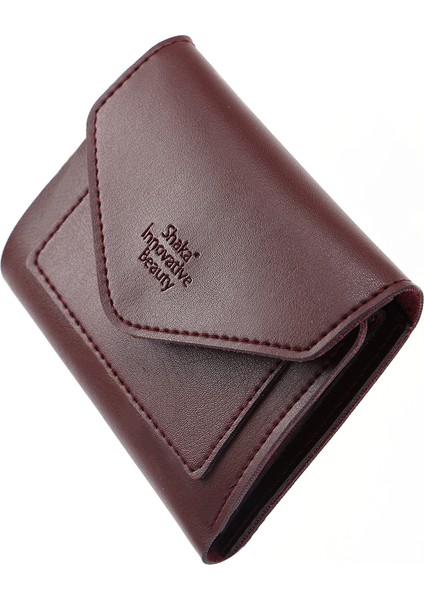 Bordo SHK67 Suni Deri Bozuk ve Kağıt Para Bölmeli Çıtçıtlı Kartlıklı Zarf Model Cepli Cüzdan