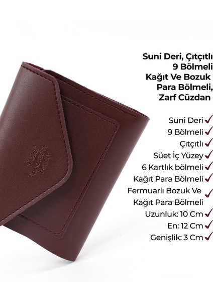 Bordo SHK67 Suni Deri Bozuk ve Kağıt Para Bölmeli Çıtçıtlı Kartlıklı Zarf Model Cepli Cüzdan