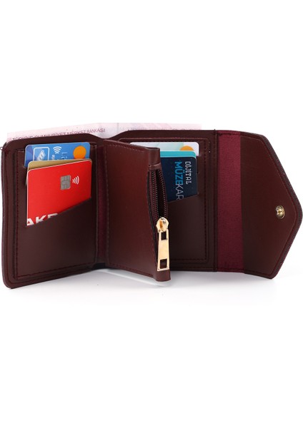 Bordo SHK67 Suni Deri Bozuk ve Kağıt Para Bölmeli Çıtçıtlı Kartlıklı Zarf Model Cepli Cüzdan