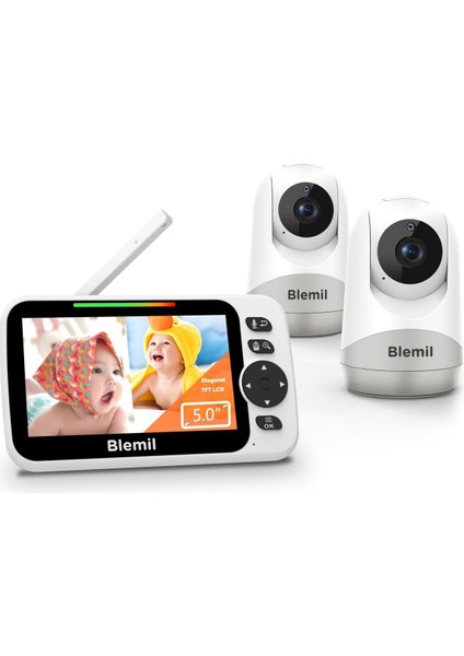 Blemil Bölünmüş Ekranlı Bebek Monitörü Çift Kamera Destekli Ses Özellikli 5 Inç Pan/tilt/zoom Gece