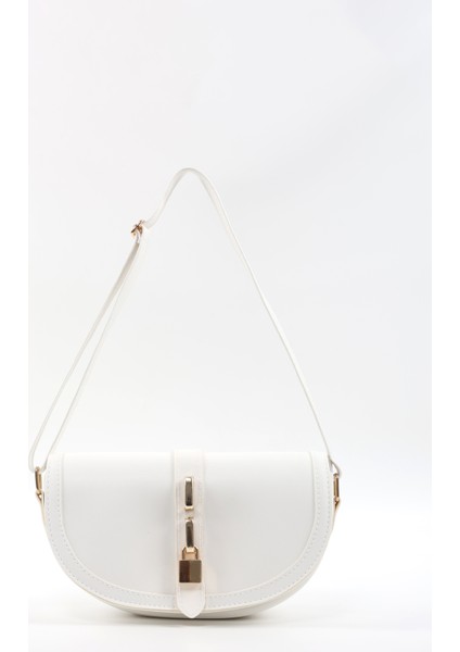 Beyaz SHK92 Kilit Detaylı Suni Deri Tek Bölmeli Çıtçıtlı El, Kol ve Omuz Çantası