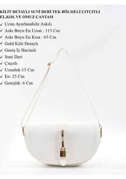 Beyaz SHK92 Kilit Detaylı Suni Deri Tek Bölmeli Çıtçıtlı El, Kol ve Omuz Çantası modelleri