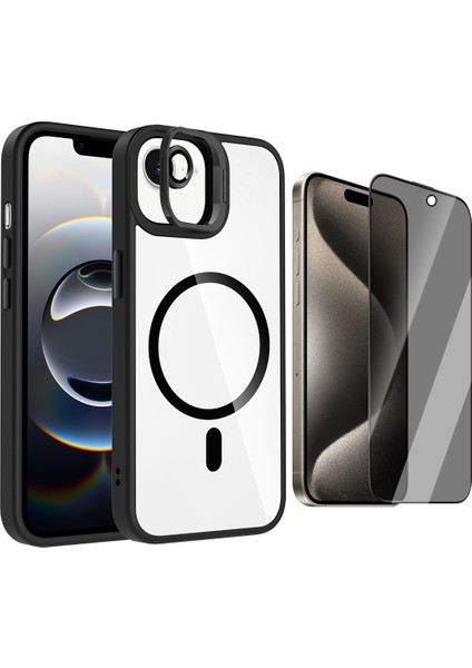 Apple iPhone 16E Kılıf Standlı ve Kamera Lens Hediyeli M-Safe Şarj Özellikli Zore Etro Kapak + Hayalet Ekran Koruyucu