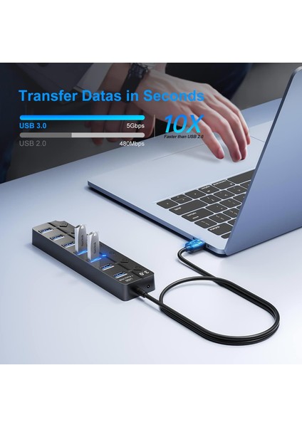 GA56 USB 3.0 7 Port 5 Gbps Çoklayıcı Switch Splitter Hub 1.2 Metre Kablo Açma Kapama Düğmeli fiyatları