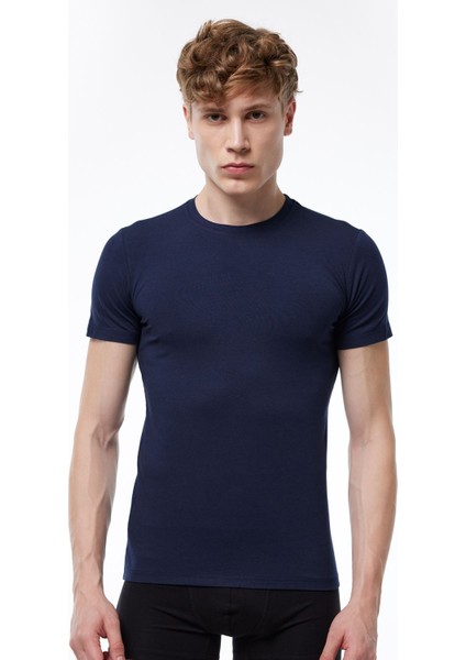 Erkek Lacivert Yuvarlak Yaka Kısa Kollu Modal T-shirt Body 030