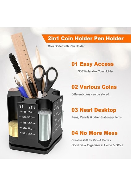 Madeni Para Sayma Makinesi, 2'si 1 Arada Masa Düzenleyici, 360° Dönebilen Madeni Para Ayırıcı ve Kalemlik, Madeni Para Sayma Kalemlik (Yurt Dışından) modelleri