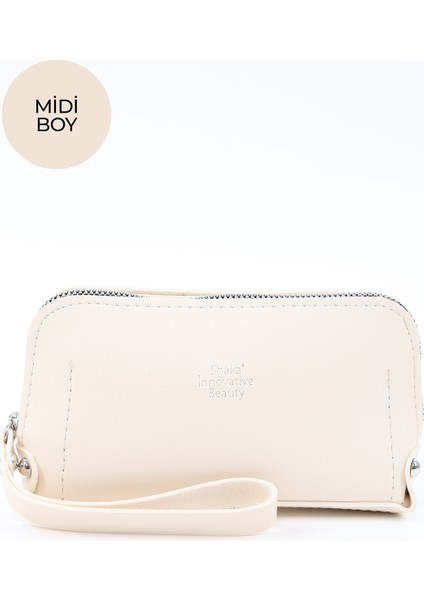 Krem SHK222 Suni Deri, Fermuarlı ,4 Bölmeli ,askılı Telefon Cüzdanı ve El Çantası