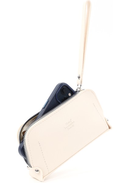 Krem SHK222 Suni Deri, Fermuarlı ,4 Bölmeli ,askılı Telefon Cüzdanı ve El Çantası