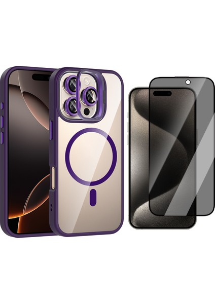 Apple iPhone 16 Pro Max Kılıf Standlı ve Kamera Lens Hediyeli M-Safe Şarj Özellikli Zore Etro Kapak + Hayalet Ekran Koruyucu