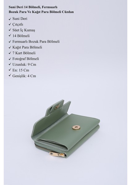 Mint Yeşil SHK216 Suni Deri 14 Bölmeli, Fermuarlı Bozuk Para ve Kağıt Para Bölmeli Cüzdan modelleri