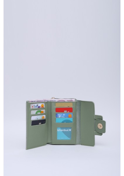Mint Yeşil SHK216 Suni Deri 14 Bölmeli, Fermuarlı Bozuk Para ve Kağıt Para Bölmeli Cüzdan