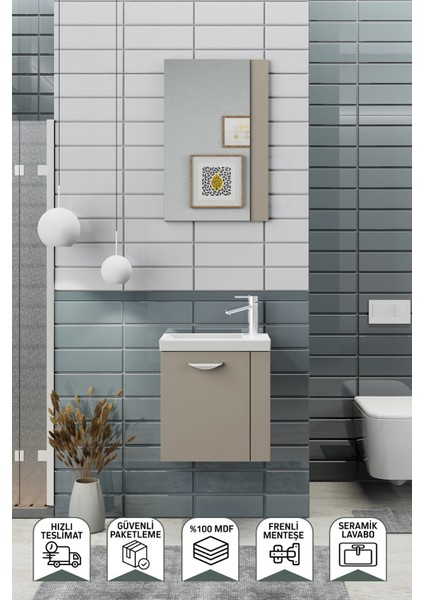 Minila 45 cm Banyo Dolabı,Seramik Lavabolu, Aynalı,Lavabo Dahil,Mdf,Latte