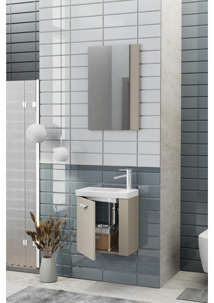 Minila 45 cm Banyo Dolabı,Seramik Lavabolu, Aynalı,Lavabo Dahil,Mdf,Latte modelleri