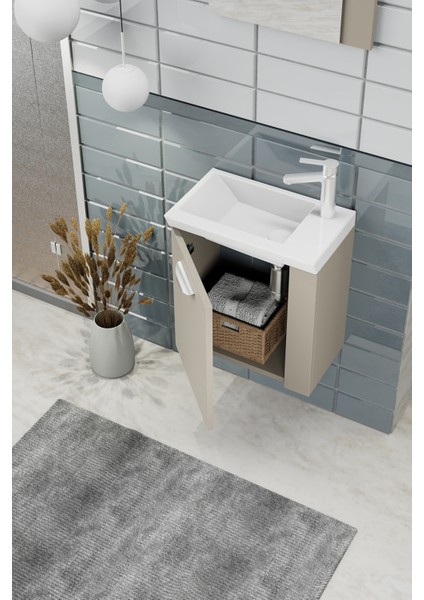 Minila 45 cm Banyo Dolabı,Seramik Lavabolu, Aynalı,Lavabo Dahil,Mdf,Latte fırsatları
