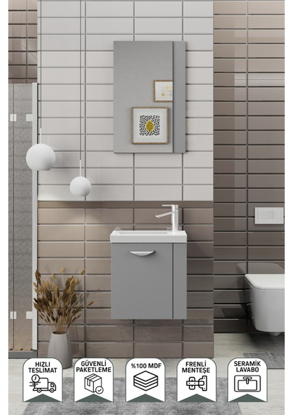 Minila 45 cm Banyo Dolabı,Seramik Lavabolu, Aynalı,Lavabo Dahil,Mdf,Mat Gri