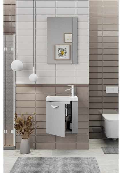 Minila 45 cm Banyo Dolabı,Seramik Lavabolu, Aynalı,Lavabo Dahil,Mdf,Mat Gri fiyatları