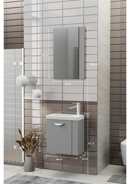 Minila 45 cm Banyo Dolabı,Seramik Lavabolu, Aynalı,Lavabo Dahil,Mdf,Mat Gri modelleri