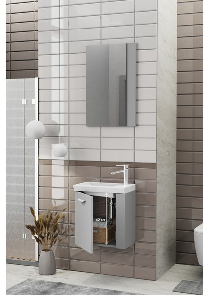 Minila 45 cm Banyo Dolabı,Seramik Lavabolu, Aynalı,Lavabo Dahil,Mdf,Mat Gri fırsatları