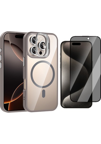 Apple iPhone 16 Pro Kılıf Standlı ve Kamera Lens Hediyeli M-Safe Şarj Özellikli Zore Etro Kapak + Hayalet Ekran Koruyucu