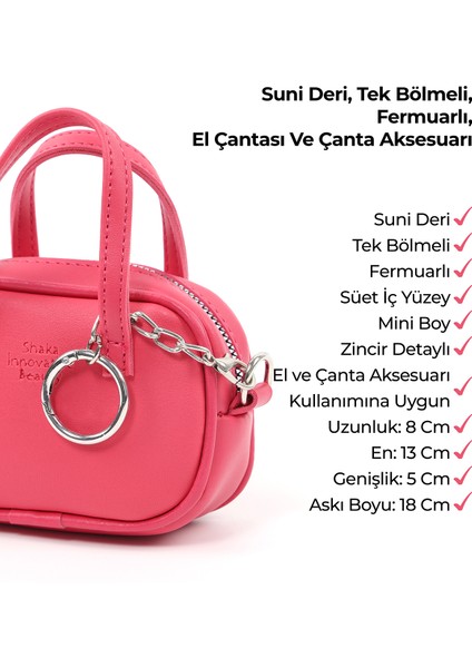 Fuşya SHK210 Suni Deri Tek Bölmeli Fermuarlı El Çantası ve Charm Çanta Aksesuarı