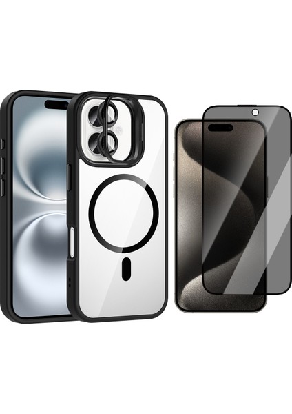 Apple iPhone 16 Plus Kılıf Standlı ve Kamera Lens Hediyeli M-Safe Şarj Özellikli Zore Etro Kapak + Hayalet Ekran Koruyucu