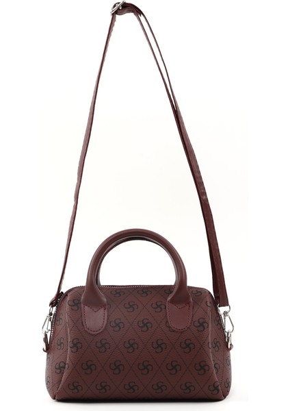 Monogram Baskılı Bordo SHK184 Suni Deri ,fermuarlı Tek Bölmeli ,askılı El, Kol ve Omuz Çantası
