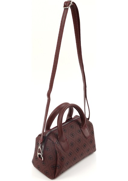 Monogram Baskılı Bordo SHK184 Suni Deri ,fermuarlı Tek Bölmeli ,askılı El, Kol ve Omuz Çantası