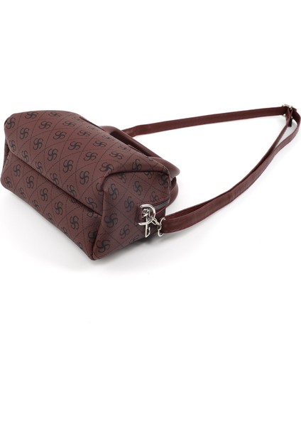 Monogram Baskılı Bordo SHK184 Suni Deri ,fermuarlı Tek Bölmeli ,askılı El, Kol ve Omuz Çantası