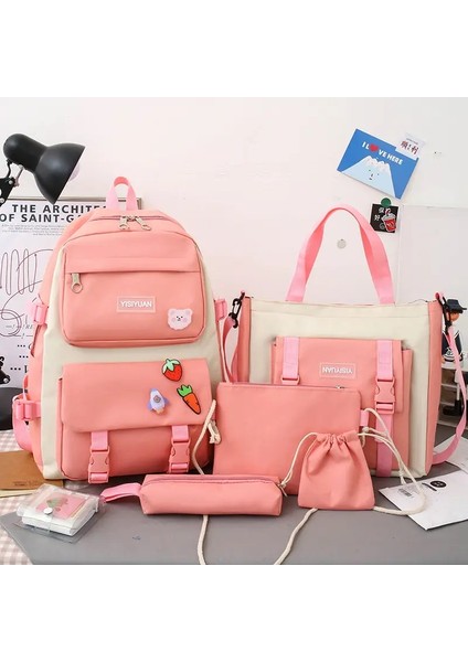 Renk Blok Sırt Çantası Tek Omuz Çantası Kalem Kılıfı Beş Parçalı Öğrenci Sevimli Kolej Tarzı Yüksek Kapasite Tokalı Dış Çanta Renk: Pembe (Yurt Dışından)