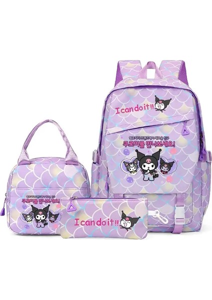 3pcs/set Sevimli Karikatür Kuromi Backpacks Öğle Yemeği Çantası Kalem Çantası Genç Kadın Erkekler Okul Öğrencileri Sırt Çantası Karikatür Okul Çantası Mochila Renk: Mor (Yurt Dışından)