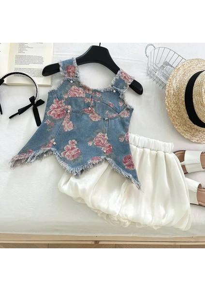 Girls'in Yaz Yeni Kot Batı Tarzı Baskılı Üst Tomurcuk Şeklindeki Pantolon Iki Parçalı Set Renk: Iki Parçalı Set/çocuk Boyutu: 16M-2Y (90CM) (Yurt Dışından)