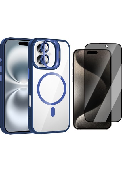 Apple iPhone 16 Plus Kılıf Standlı ve Kamera Lens Hediyeli M-Safe Şarj Özellikli Zore Etro Kapak + Hayalet Ekran Koruyucu