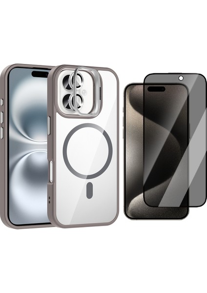 Apple iPhone 16 Plus Kılıf Standlı ve Kamera Lens Hediyeli M-Safe Şarj Özellikli Zore Etro Kapak + Hayalet Ekran Koruyucu