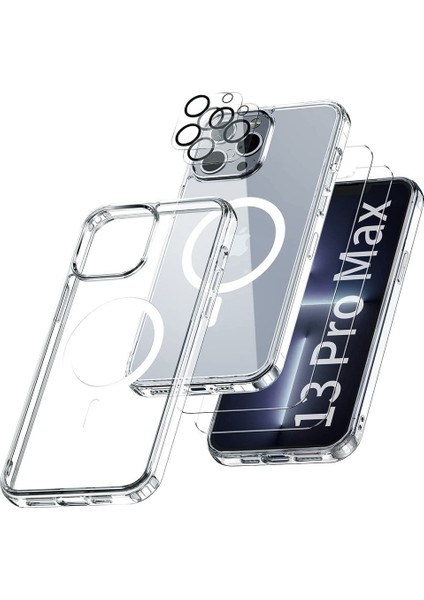 Apple Iphone 13 Pro Max Şeffaf Mika Magsafe Kılıf + Premium Esd Ekran Koruyucu + Kamera Koruyucu Gümüş