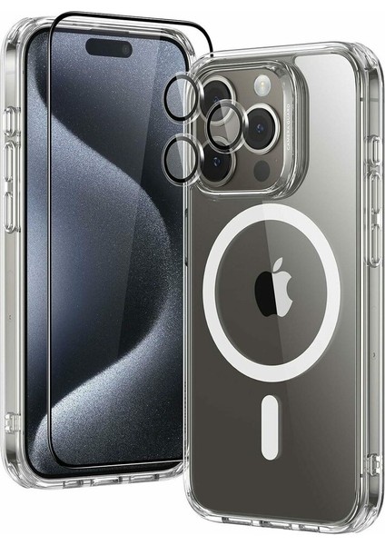 Apple Iphone 15 Pro Max Şeffaf Mika Magsafe Kılıf + Premium Esd Ekran Koruyucu + Kamera Koruyucu Siyah