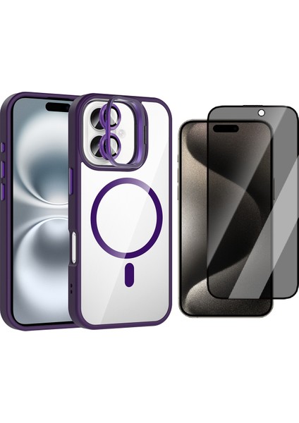 Apple iPhone 16 Plus Kılıf Standlı ve Kamera Lens Hediyeli M-Safe Şarj Özellikli Zore Etro Kapak + Hayalet Ekran Koruyucu