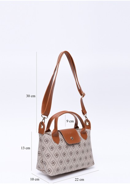 Monogram Baskılı Vizon SHK135 Suni Deri, Tek Bölmeli, Çift Askılı El, Kol ve Çapraz Omuz Çantası fiyatları