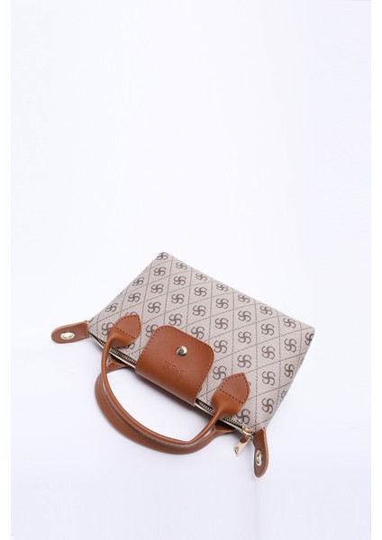 Monogram Baskılı Vizon SHK135 Suni Deri, Tek Bölmeli, Çift Askılı El, Kol ve Çapraz Omuz Çantası