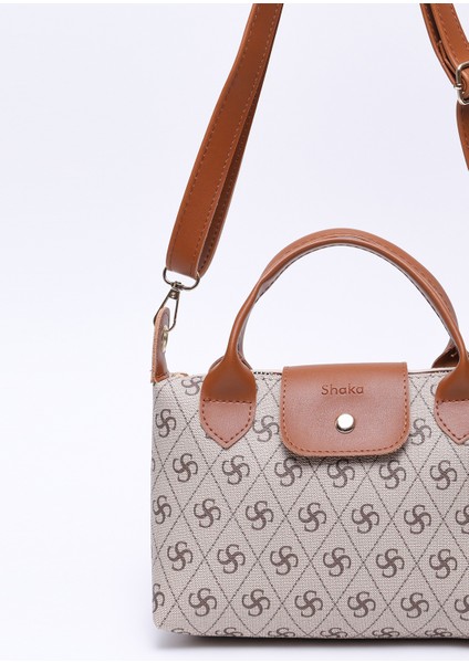 Monogram Baskılı Vizon SHK135 Suni Deri, Tek Bölmeli, Çift Askılı El, Kol ve Çapraz Omuz Çantası