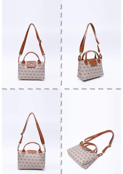 Monogram Baskılı Vizon SHK135 Suni Deri, Tek Bölmeli, Çift Askılı El, Kol ve Çapraz Omuz Çantası