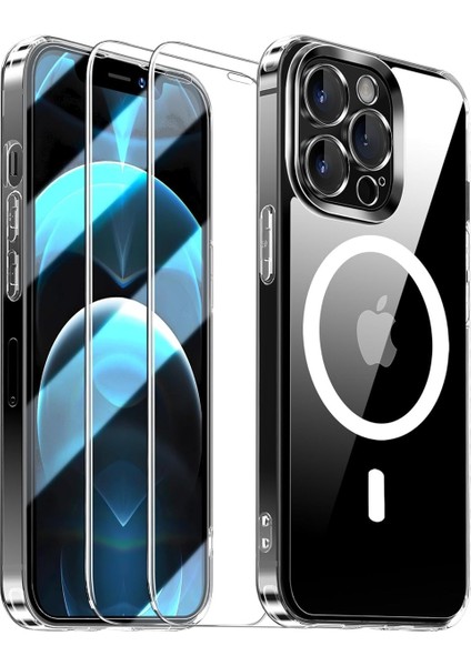 Apple Iphone 12 Pro Max Şeffaf Mika Magsafe Kılıf + Premium Esd Ekran Koruyucu + Kamera Koruyucu Siyah