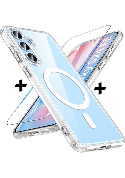 Samsung Galaxy S24 Plus Şeffaf Mika Magsafe Kılıf + Premium Esd Ekran Koruyucu + Kamera Koruyucu Gümüş