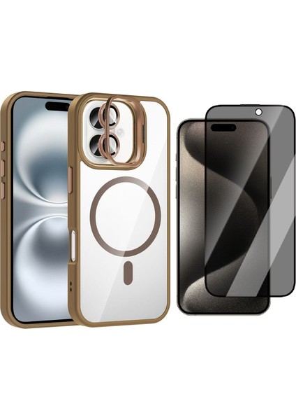 Apple iPhone 16 Plus Kılıf Standlı ve Kamera Lens Hediyeli M-Safe Şarj Özellikli Zore Etro Kapak + Hayalet Ekran Koruyucu