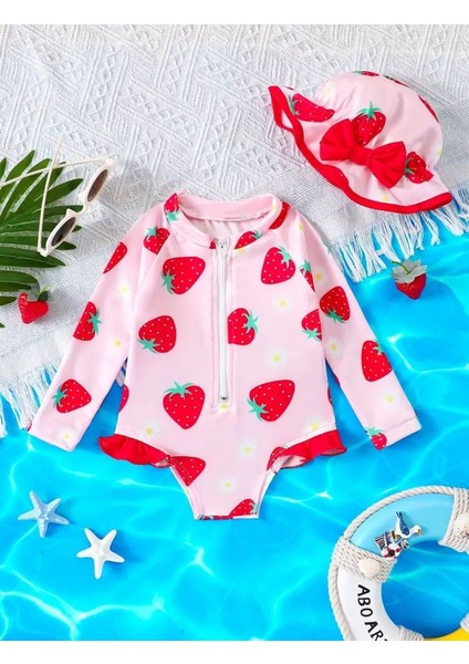 Kız Çocuk Pembe Çilek Desenli Uzun Kollu Fırfırlı Fermuarlı Şapkalı Mayo Takımı