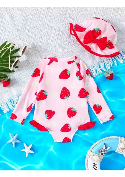 Kız Çocuk Pembe Çilek Desenli Uzun Kollu Fırfırlı Fermuarlı Şapkalı Mayo Takımı fiyatları